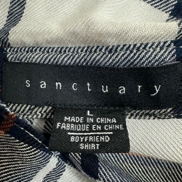Sanctuary Women's Size L Long Sleeve Plaid Boyfriend Shirt Blue White Snap Front - Picture 7 of 11